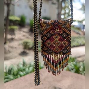 Seed Beaded Necklace Mini Pouch 24"💕 Hippie Bohemian Artisan Handmade